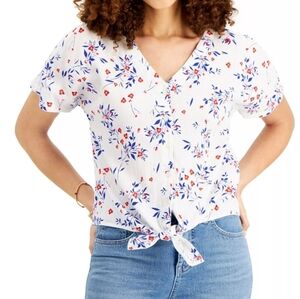 Style & Co Womens Tie-Front Floral Top Short Sleeve Buttons V-Neck Size 3x